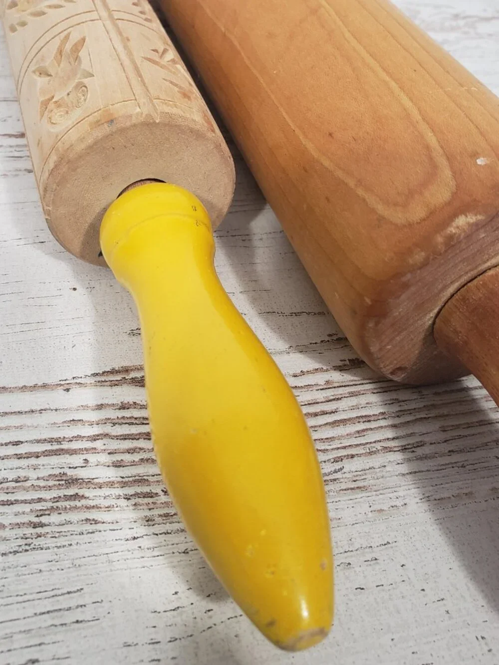 2 wooden rolling pins - 1 with cut out designs 16